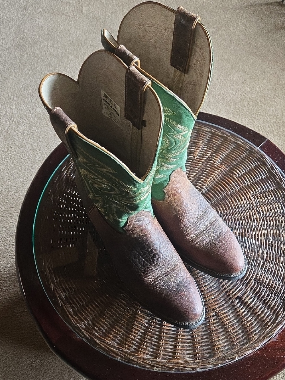 Durango Brown Leather Western Boots with Green Embroidered Shaft